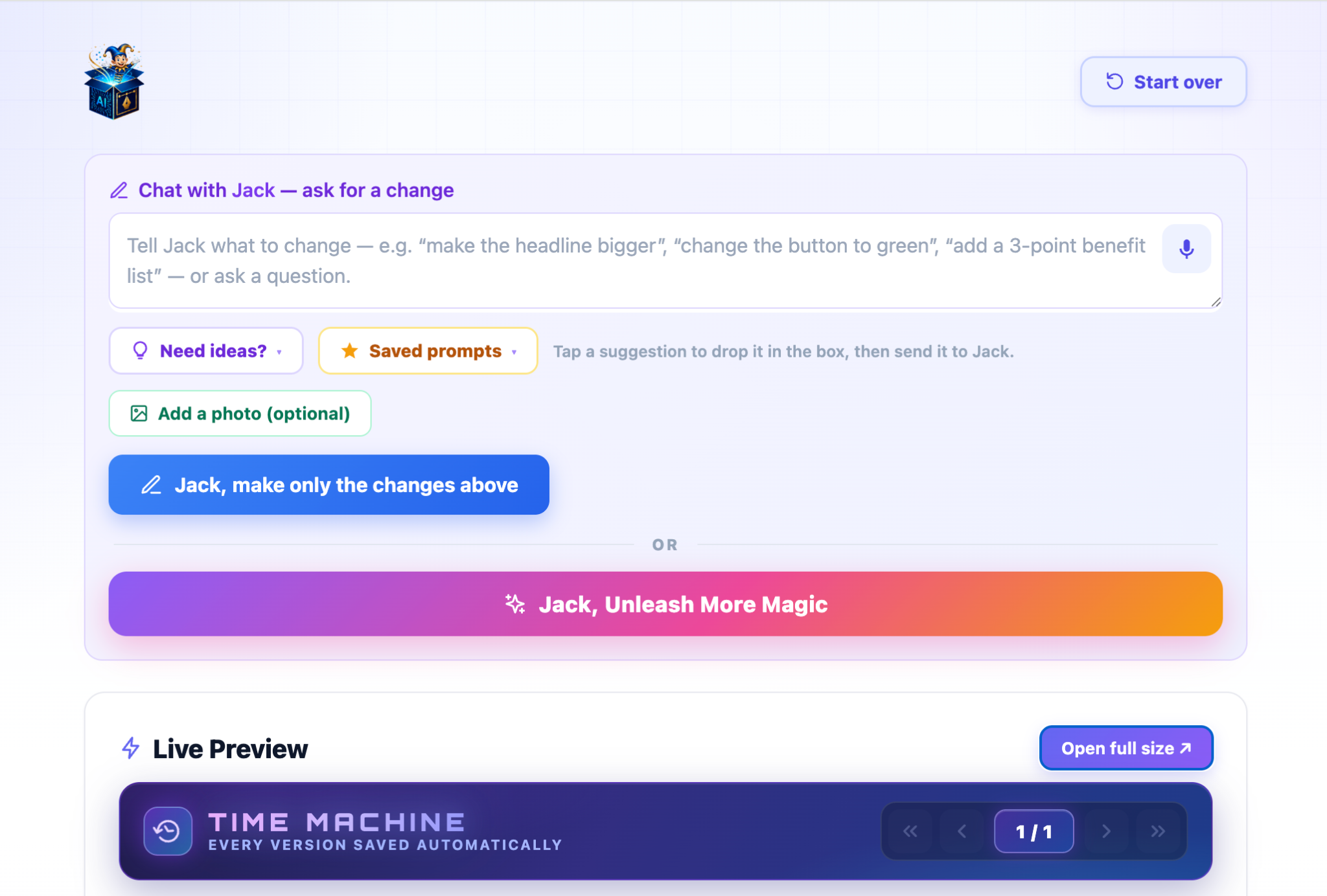 MagicBox dashboard showing the Jack chat box, saved prompts, photo upload, more magic button, live preview and Time Machine